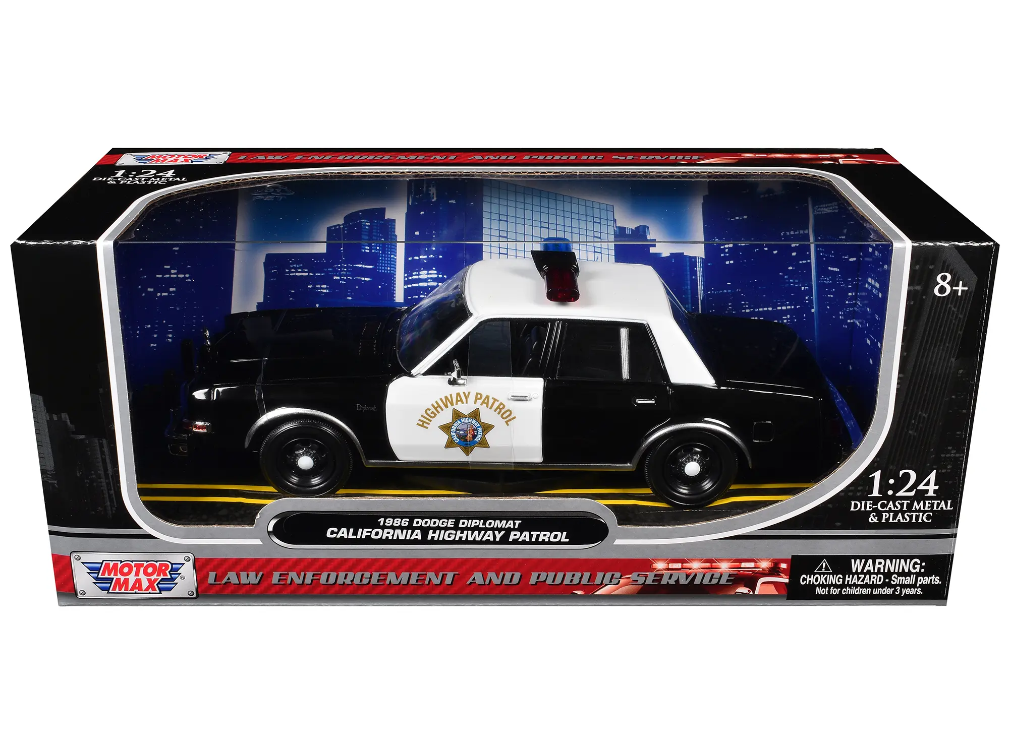 1986 Dodge Diplomat Police Car "California Hwy Patrol" Black and White 1/24 Diecast Model Car by Motormax