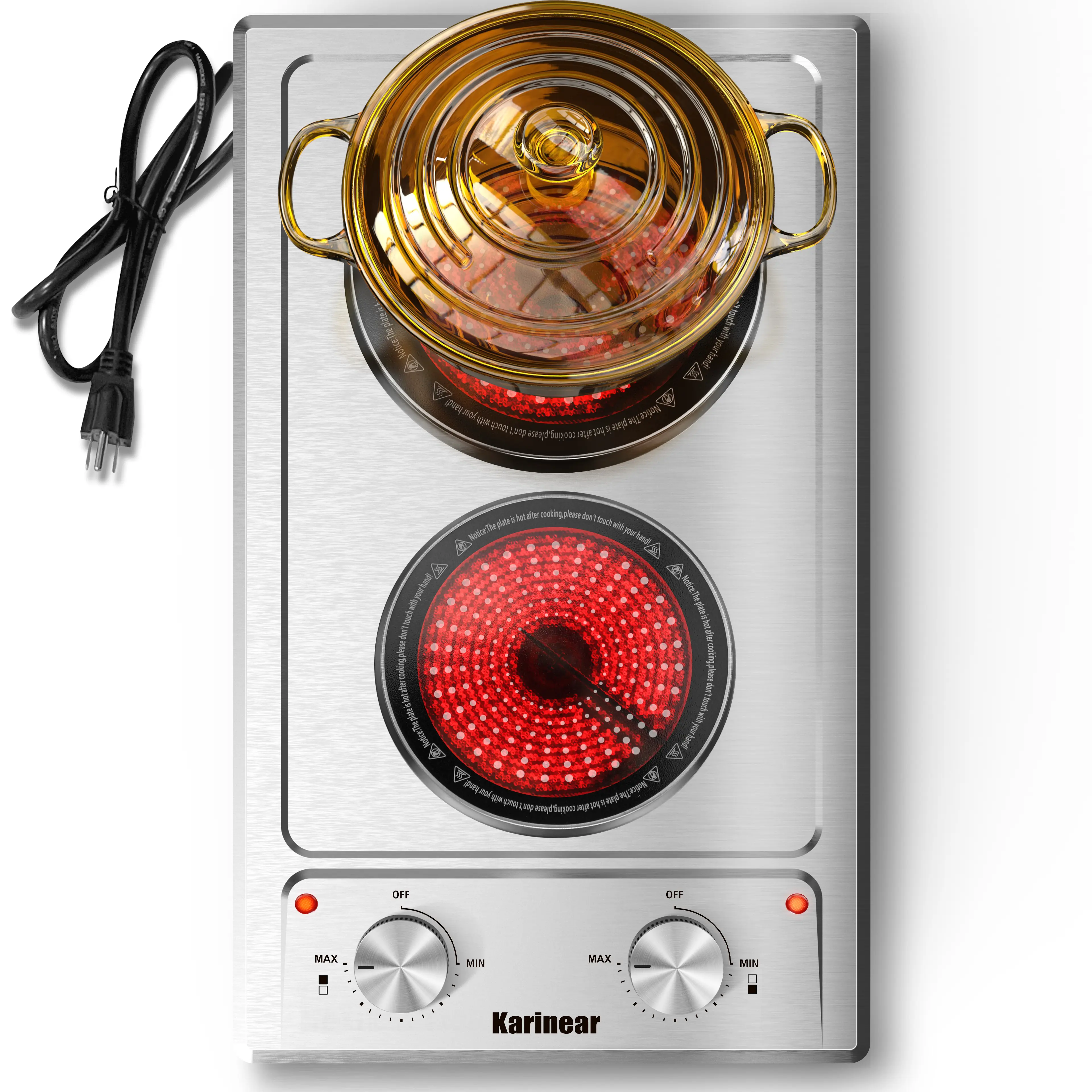 Karinear 12 In Plug-In Portable Stainless Steel Induction Stove - 110V Dual Burner Electric Cooktop for Elderly, Knob Control, 16 Power Levels, Adjustable Heat, Dual Zones, Hot Surface Indicator, Overheat Protection, Durable Kitchen Appliance