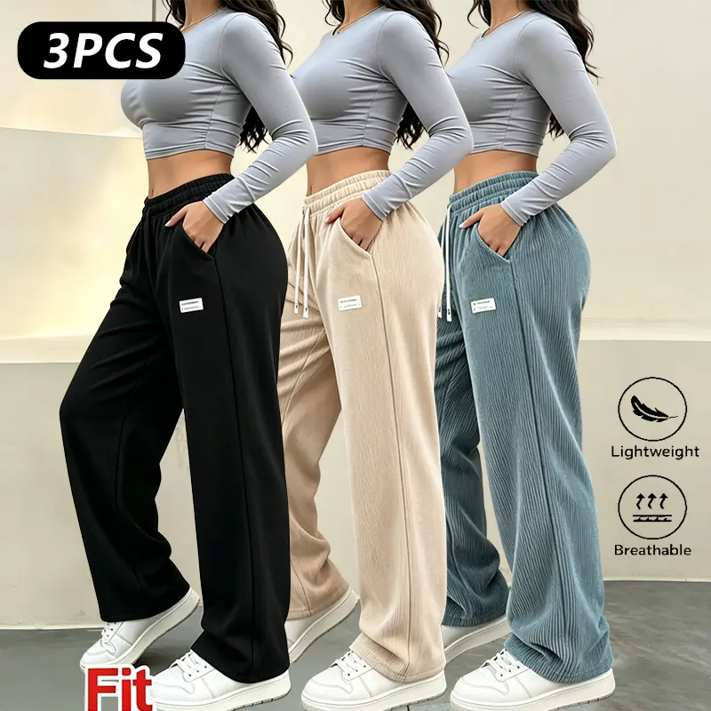 Women's 3-Pack Comfortable Soft Corduroy Casual Trousers - Lady's Mid-Rise Straight Fit, Side Pockets, Street Style Fabric, Everyday Wear for Outdoor Activities, Casual Outings