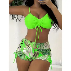 Bikini suitable for women's sexy brushed tops and high waisted boxing shorts, elastic polyester blend, machine washable