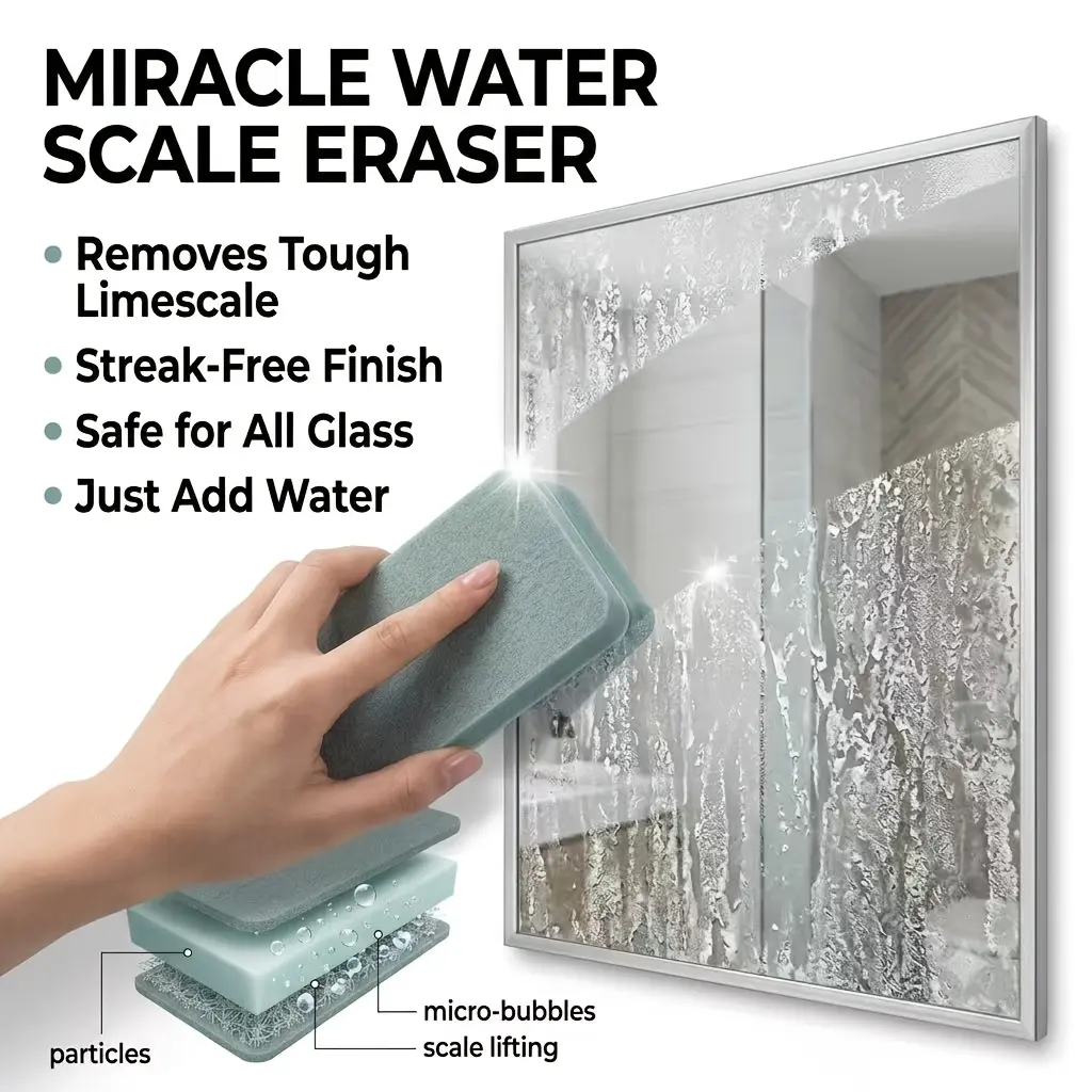 Miracle Water Scale Eraser Sponges 4 Pack, Limescale Remover Sponge for Glass Shower Doors Mirrors & Faucets, Advanced Abrasive Layer, Streak-Free, Just Add Water, 3.62 x 1.57 in