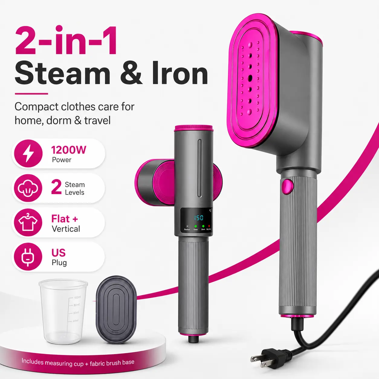 1200W Corded Compact 2-in-1 Handheld Clothes Steamer Iron - 2 Steam Levels, Flat & Vertical Steaming, US Plug Home Appliance for Students, Apartments, Dorms