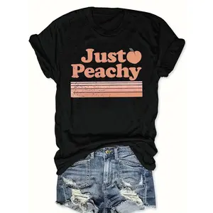 JUST PEACHY Printed T-Shirt, Short Sleeve Crew Neck Casual Top Summer And Spring, Women'S Clothing