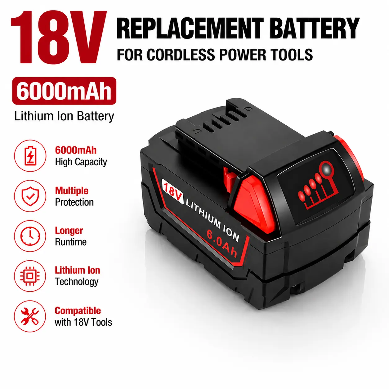 18V Lithium Battery Pack Replacement Battery for Cordless Power Tools, Rechargeable Tool Battery with LED Indicator (Not manufactured by Milwaukee)