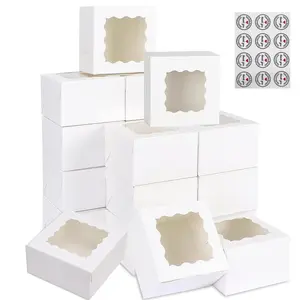 Gift Cookie Boxes with Window And Stickers,3.39'x3.39'x2.48' White Bakery Boxes Pastry Containers for Chocolate Covered Strawberries, Candy, Muffins, Donuts