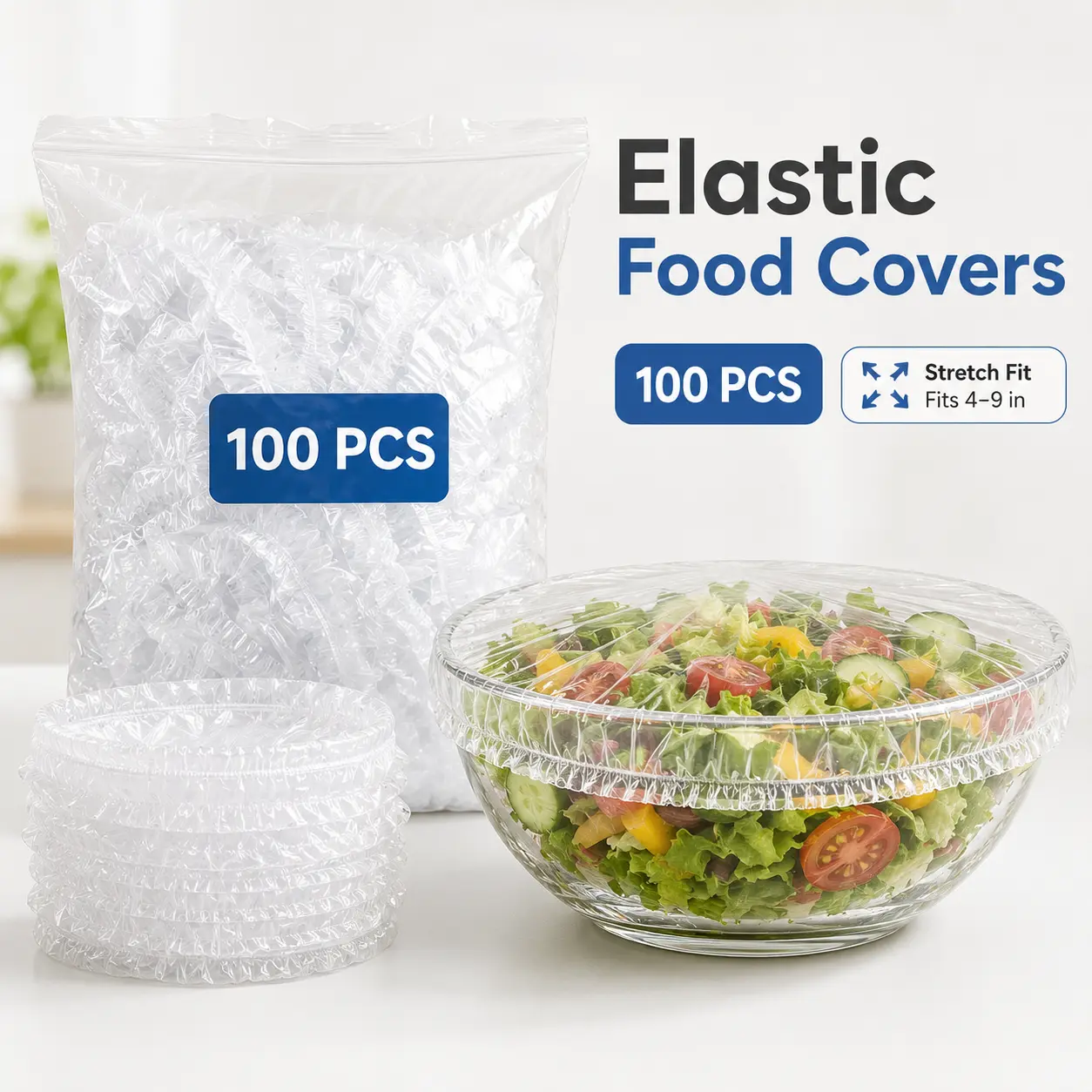 100PCS Medium Reusable Elastic Bowl Covers, Clear Plastic Food Covers for Bread Proofing, Sourdough Fermentation, Food Storage, Picnics & Hair Deep Conditioning