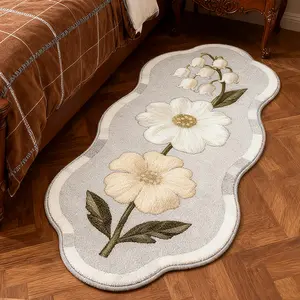 Unusual Shape Fashion Style Silver Color Three-Color Flower Print Carpet, Vintage Luxurious Foldable Plush Rug for Living Room Bedroom Corridor Kitchen