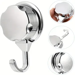 Adhesive Hooks with Suction Cup, 2pcs Heavy Duty Towel Hooks for Shower Door Wall Hanging, Silvery Chrome-Plated Plastic Wall Hooks for Bathroom, Kitchen, Refrigerator, Door Back, Window, Glass