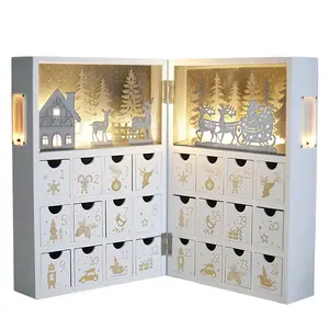 PIONEER-EFFORT Wooden Christmas Advent Calendar Book with LED-lit Winter Forest Scene - 24 Drawer Countdown with Fine Silver Reindeer & Snow Design - Decorative & Functional Gift Storage for Kid