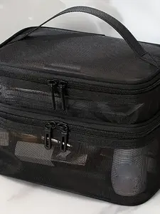 Mesh Makeup Bag, Travel Cosmetic Bag, Makeup Storage Bag, Large Capacity Dual Layer Transparent Travel Organizer with Zipper, Essential Holiday Gift for Women, Perfect for Christmas, Halloween, Birthday