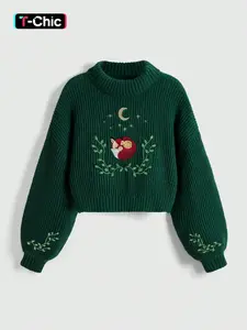 High Collar Fox Star Embroidery Loose Casual Short Sweater Pullover, Fall & Winter Fitted Knitwear for Women, Stylish and Comfortable Womenswear