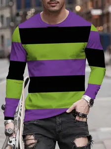 Men's Colorblock Striped Long Sleeve T-Shirt, Casual Fashion Top, Trendy Patchwork Design, Colors, Fitted All Seasons