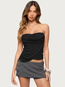 Women's Summer New Pure Desire Ruched Halter Top, Sleeveless Asymmetric Waist Cinching Crop Top, Inner Wear for Hot Girls