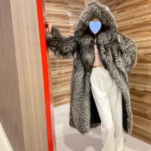Autumn Winter New Women's Faux Fox Fur Long Coat Hooded Coat Winter Trench Coat(Raincoats)