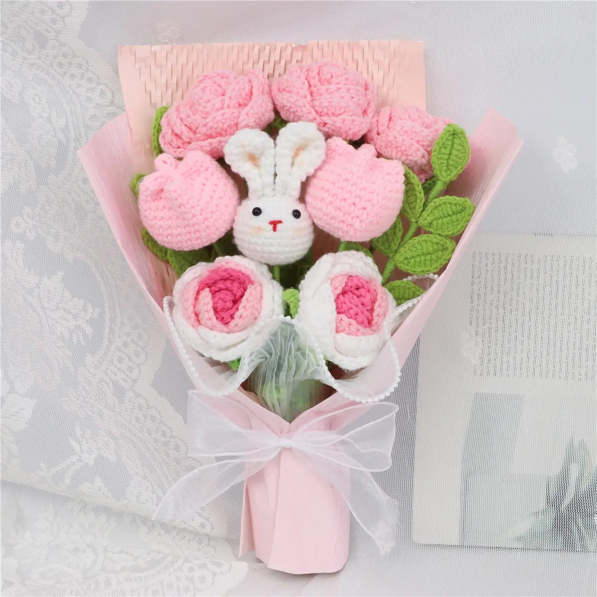 Handmade Yarn Bouquet with Roses, Tulips, and Bunny, Perfect Gift for Mother's Day, Valentine's Day, Christmas, Birthday, Graduation, Teacher's Day