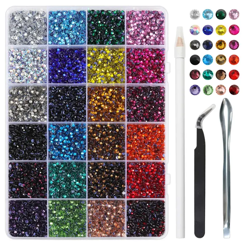 BEADSLAND Round Hotfix Bling Rhinestone Bedazzling Kit - SS10 3 mm, 14400 Grid-Sorted 24 Colors, Ready-Glue Back, Tweezers, Wax Pencil, Scoop, Hot Melt Adhesive for Crafts DIY, Nail Art Supplies