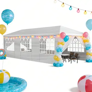 10'x30' Outdoor Party Tent Waterproof Canopy Patio Wedding Gazebo White with 8 Removable Sidewalls Big Spacious Durable PE Cloth Upgraded Pipe Connection for Better Stability