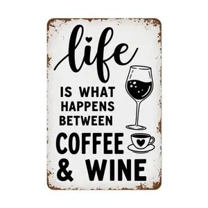 Vintage Distressed Tin Decor Sign with Coffee Cup & Wine Glass Pattern Life Is What Happens Between Coffee & Wine Quote Wall Art for Kitchen Bar Counter Dining Room Fun Life Theme Metal Hanging Decor