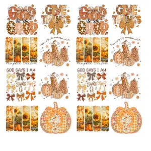Give Thanks Premade Gangsheet 16 Full Size Transfers Ready to Press DTF Transfer Hot Peel for Autumn Pumpkin Design Adult Prints Fitted Design for Heat Press Application Women's Wear Garment Graphics Tops Summer Tshirt