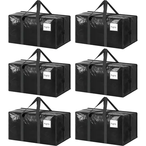 Black Large Portable Storage Bags (6-Pack, 27x14x15", 50 lbs Capacity) - Thick Woven Heavy Duty, Strong Zipper Lock, Wraparound Handles, Water/Dust/Puncture Resistant, Reinforced Stitching, College Packing Totes, Clothing Storage & Transportation Bags, St
