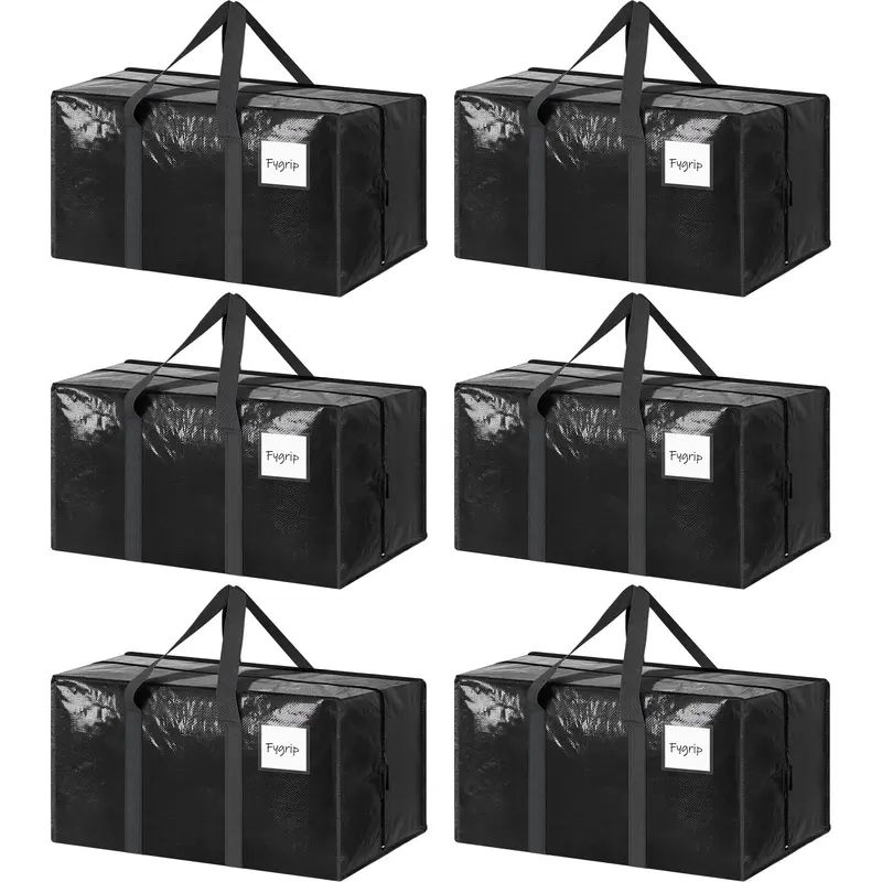 Black Large Portable Storage Bags (6-Pack, 27x14x15", 50 lbs Capacity) - Thick Woven Heavy Duty, Strong Zipper Lock, Wraparound Handles, Water/Dust/Puncture Resistant, Reinforced Stitching, College Packing Totes, Clothing Storage & Transportation Bags, St
