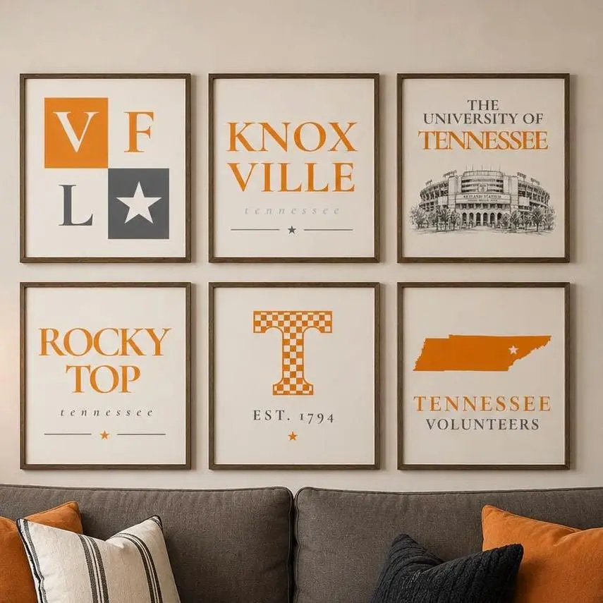 University of Tennessee Poster Set, Knoxville Volunteers Wall Art, Rocky Top College Dorm Decor, Orange and White Campus Print Collection, Vintage Stadium and State Map Artwork, Graduation Gift for Students, Alumni, Fans, Home Office and Living Room