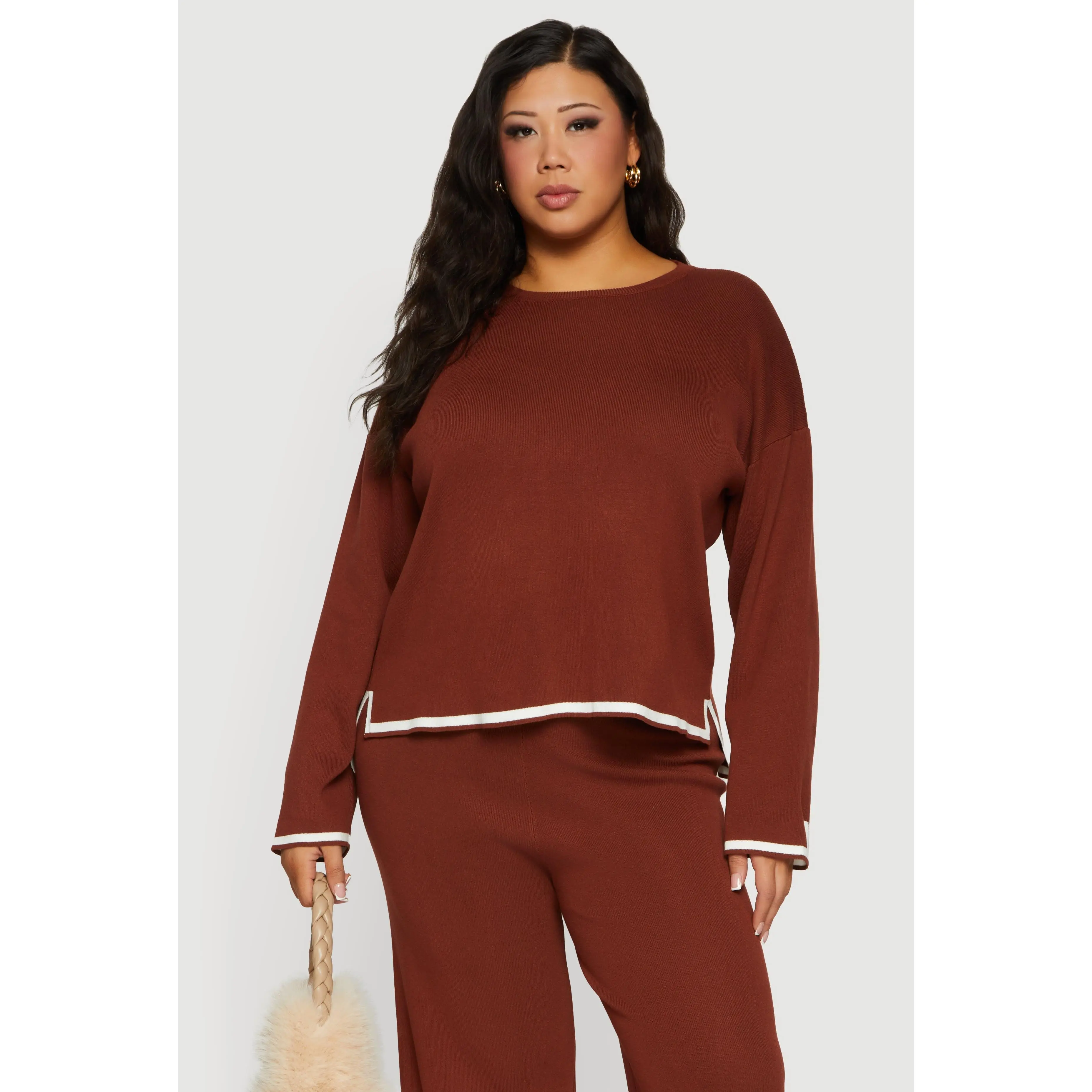 Plus Size Long Sleeve Contrast Trim Sweater