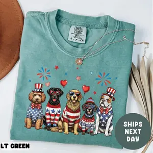 Comfort Colors Patriotic Dogs T-Shirt, Cute 4th of July Dog Lover Tee, Fireworks USA Shirt, Funny Red White Blue Tshirt, Independence Day Gift