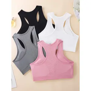 4pcs Women' High- Removable Cup Racerback Bras - Full Coverage Workout Tank Tops with -Neck Back, Medium-Elasticity for yoga, Gym, & Outdoor Running - Solid Color Non-Sheer Fitness Training Bras (4pcs)
