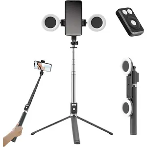 Black Tripod for iPhone with Light, Ring Light Holder for iPhone, Adjustable Selfie Stick Stand with Fill Light, Extendable Phone Tripod for Video Recording, Live Streaming, and Photography