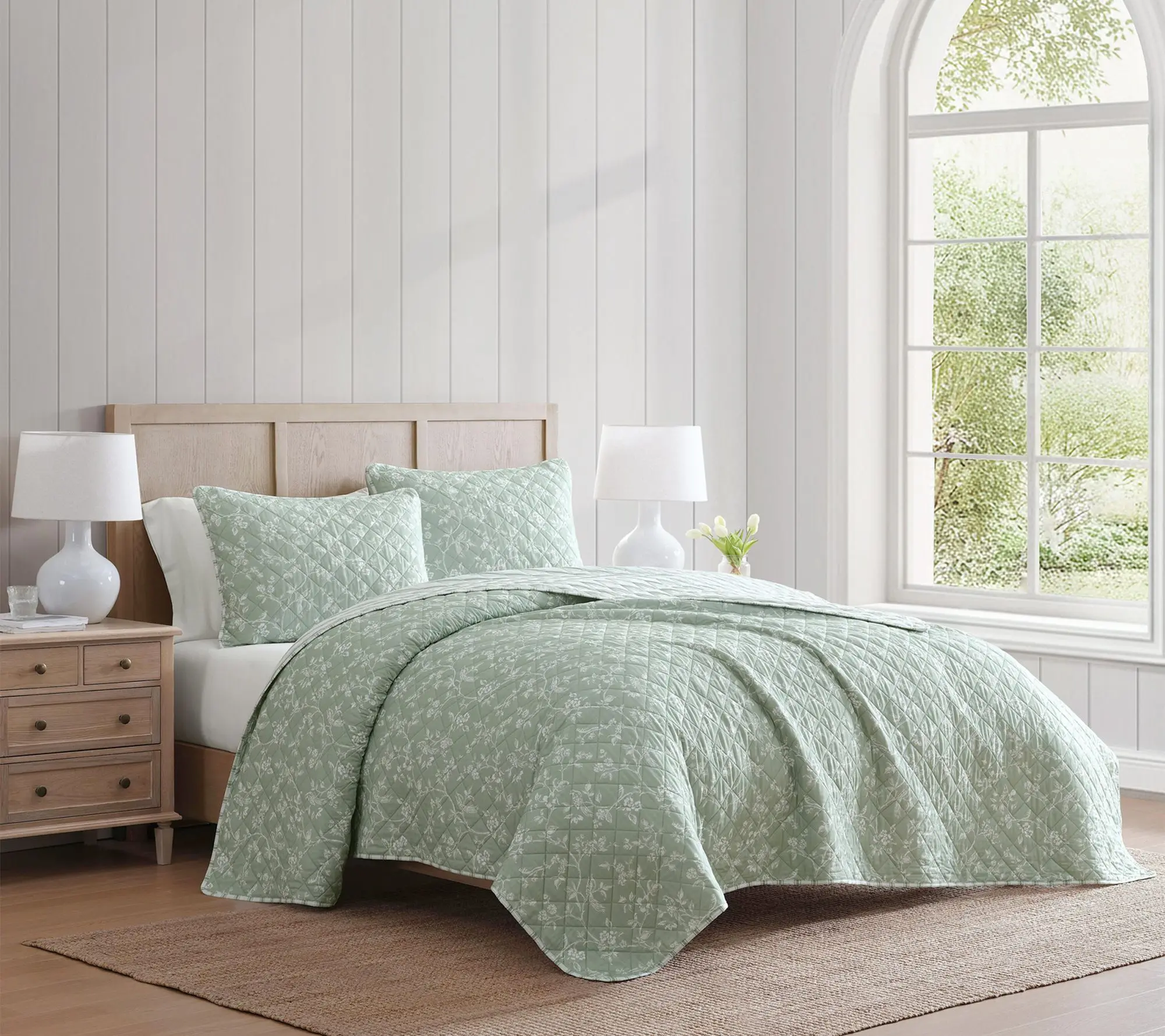 Martha Stewart French Bird Floral Green Cotton Twin Quilt Set