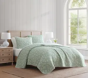 Martha Stewart French Bird Floral Green Cotton Twin Quilt Set