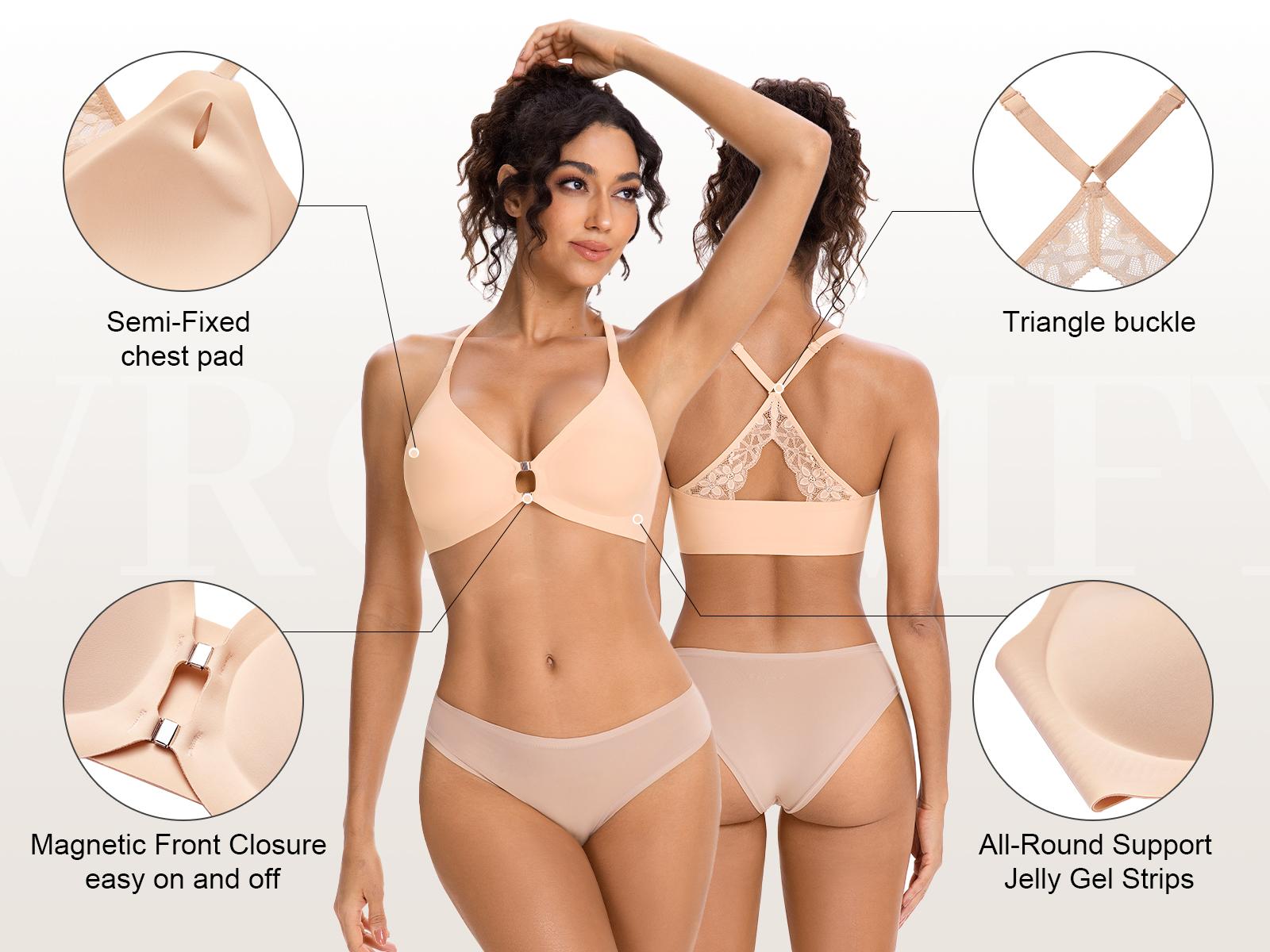 VRCOMFY Women's Front Closure Bra, Deep V Lace Jelly Bra, Wireless Padded Everyday T-Shirt Bra