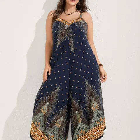 BloomChic Women's Plus Size Bohemian Print Rayon Jumpsuit - Sleeveless V-Neck Summer Overalls with Elastic Waist, Pockets, Low-Iron Iron-Smooth Finish, No-Stretch Fabric, Cold Wash, Below-Ankle Fit (Women's Suits & Sets)