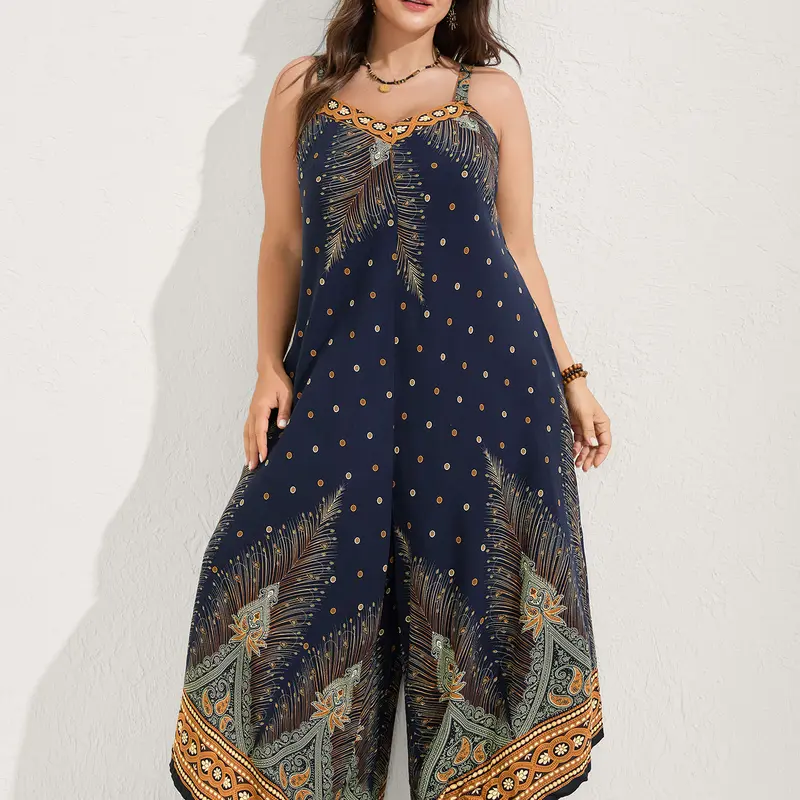 BloomChic Women's Plus Size Bohemian Print Rayon Jumpsuit - Sleeveless V-Neck Summer Overalls with Elastic Waist, Pockets, Low-Iron Iron-Smooth Finish, No-Stretch Fabric, Cold Wash, Below-Ankle Fit (Women's Suits & Sets)
