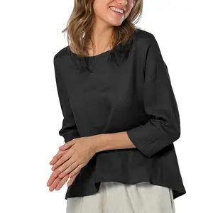 Women's Linen 3/4 Sleeve Blouse Crew Neck Summer Casual Tops Loose Fit Shirts Womenswear Round Neck Pullover Top Comfort Basic Crewneck Minimalist Black Fitted