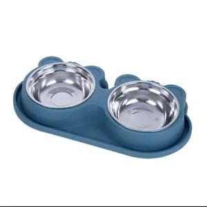 Pet double bowls-stainless steel with non -slip base for dogs and cats bleu