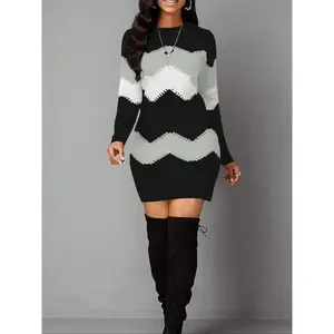 Women's Vintage Geometric Print Casual Long Sleeve Dress, Elastic Polyester Blend Mini Tight Fit, Perfect for Daily Wear & Festive Occasions