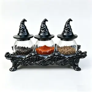 Witchy Hat Apothecary Spice Jars Set of 3 with Resin Stand, Gothic Glass Seasoning Containers with Witch Hat Lids for Salt Pepper and Herbs, Vintage Herb and Salt Storage Pots for Witchy Kitchen Decor and Home Gifts