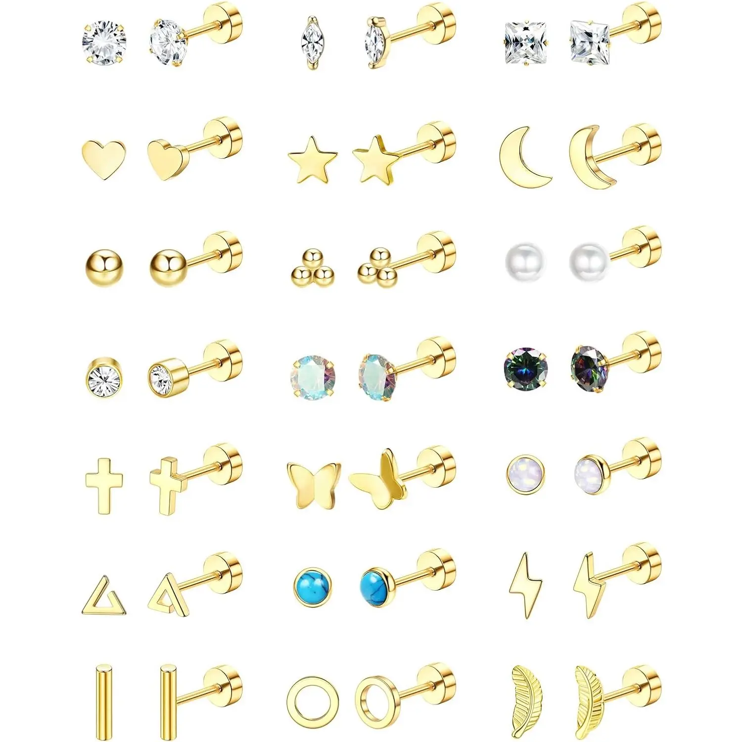Milacolato 21-Pair Unisex Hypoallergenic Surgical Steel Flat Back Stud Earrings Set, CZ Embellished Artificial Zirconia Earrings with Multiple Shapes, Screw Back for Sensitive Ears & Cartilage Piercings