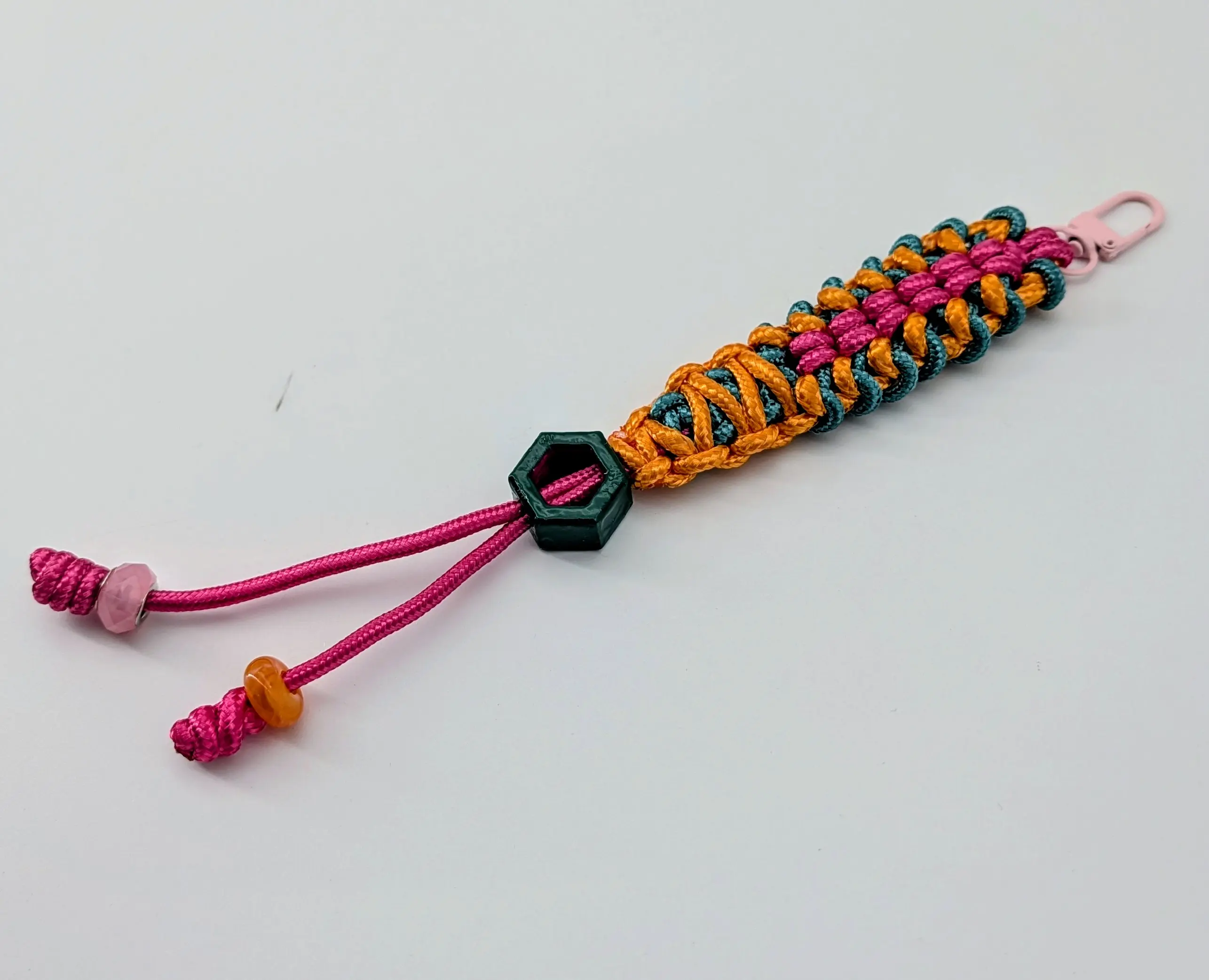 Woven Paracord Bag Charm | Pink Orange Teal Cobra Stitch Keychain with Hexagon Bead, Adjustable