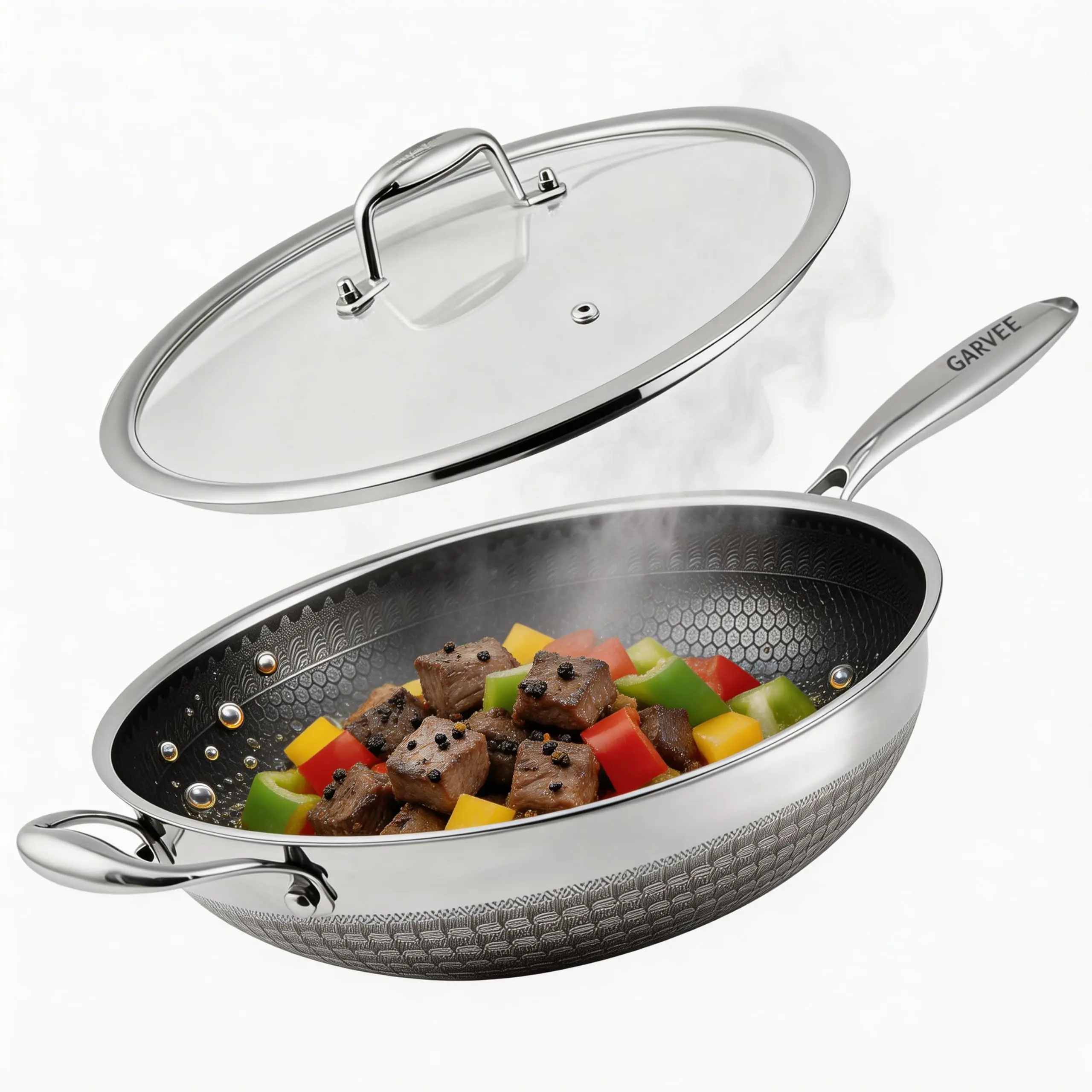 12 Inch Stainless Steel Wok Pan,4L Hybrid Woks & Stir-Fry Pans Nonstick with Snowclad Technology,Induction Cooking Pan with Lid,PFOA Free Cookware,Dishwasher