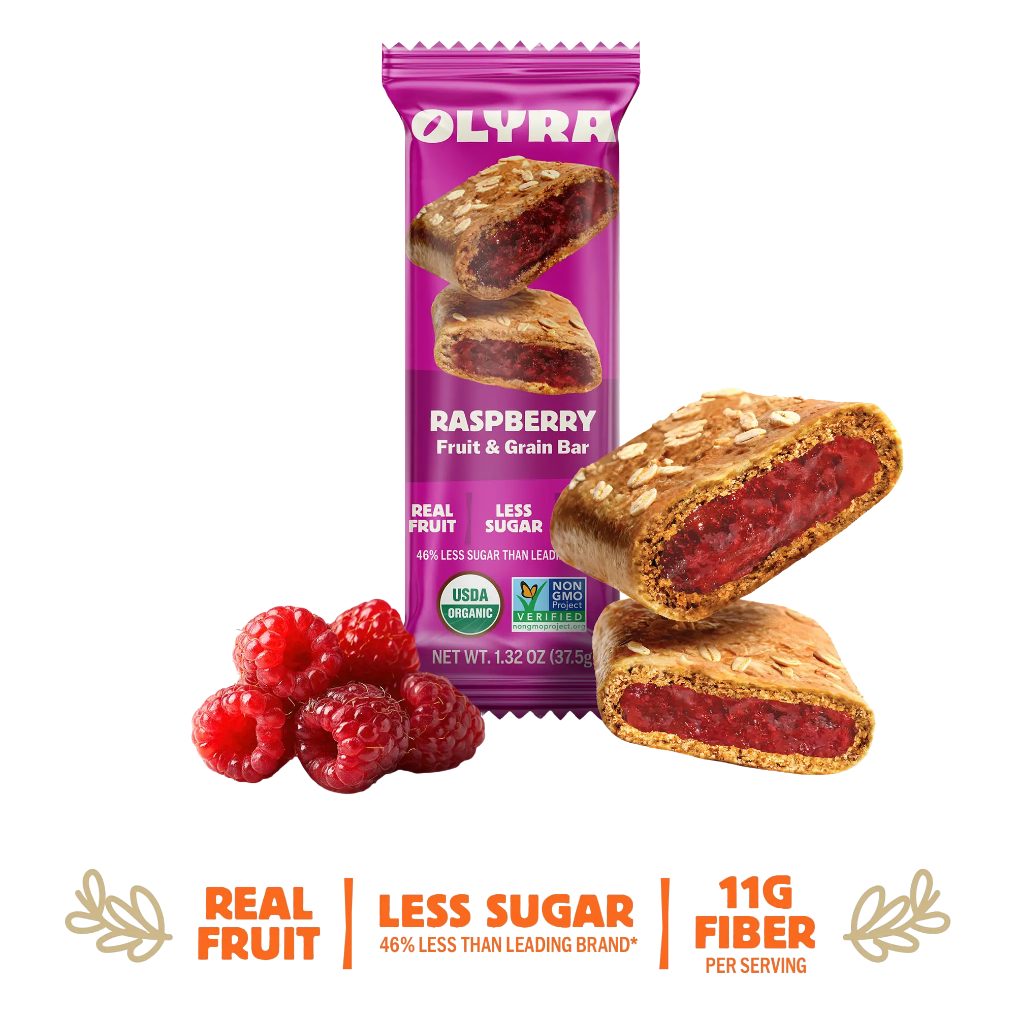 Olyra Raspberry Fruit & Grain Bars - 4 Box Case - 16 Bars, Organic Soft-Baked Biscuits with Real Fruit Jam, High Fiber, Low Sugar, Vegan Snacks