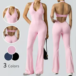 Women's Sexy Halter Neck Backless Yoga Jumpsuit Color Block Ribbed Stretch Breathable Workout Bodysuit Slim Fit Long Sleeveless Exercise Outfit for All Seasons Activewear Clothing Activewear Clothing