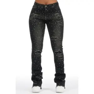 Kelle Black Rhinestone Stacked Jean