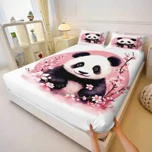 Cute Panda Cherry Blossom F Fitted Sheet Set, 3 Piece Kawaii Watercolor Panda Bedding, Soft Microfiber Bed Sheet with Pillowcases for Bedroom