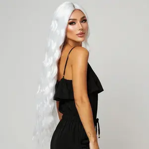 Halloween White Wavy Wig for Women 18Inch Middle Part Curly Synthetic Wig Heat Resistant Fiber for Cosplay Daily Cosplay Party Use, White