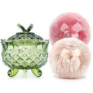 Luxury 4 Inch Glass Powder Container with 2 Soft 3.5" Puffs｜Non-Sealed Refillable Organizer for Body Powder, Makeup & Jewelry｜Setting Powder Applicator w/Loose Powder Storage(Butterfly-Olive Greenl)