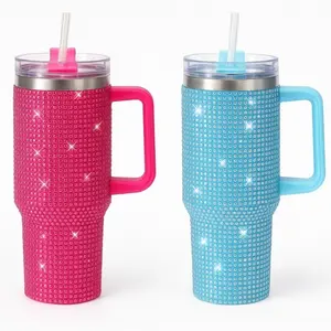 THIRSTEE - Pack of 2 (Pink and Blue) Rhinestone 40oz Cups with Handle & Straw Glitter Pink Drinkware Collection