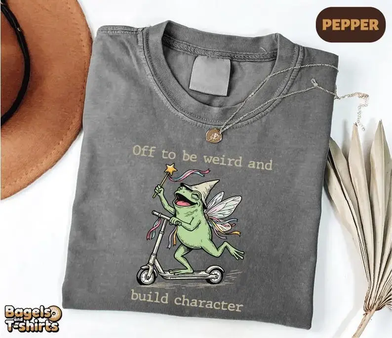 Comfort Colors Off to Be Weird and Build Character Shirt, Funny Frog Scooter Tee, Cottagecore Fairy Frog Graphic T-Shirt, Whimsical Goblincore Gift